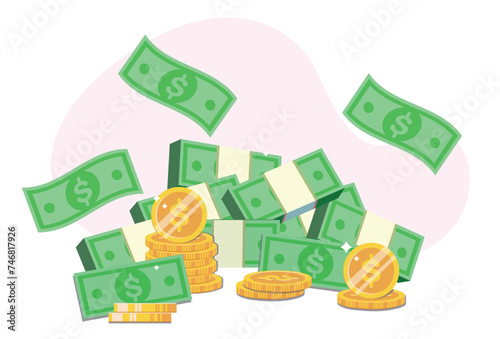 Vector illustration of a big pile of green dollars and a stack of gold coins. Cartoon scenes of beautiful wealth and profits, a pile of dollar bills and a stack of coins isolate on a white background.