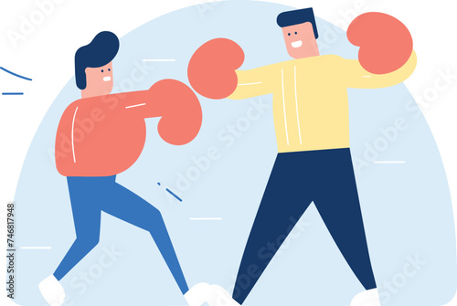 Two cartoon men boxing each other, dynamic fight, intense competition. Sportsperson training, friendly sparring match vector illustration.