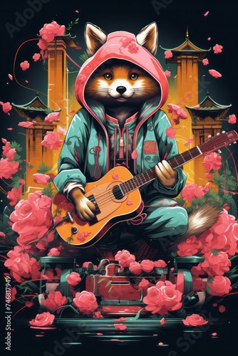 A sly fox with red fur is skillfully playing a guitar, using its paws to strum the strings. The fox appears engaged in the music, showcasing its musical talent