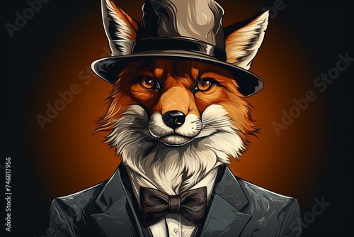 A fox dressed in a smart suit, complete with a top hat, showcasing a refined and classy appearance. The fox looks sophisticated and well-dressed in its formal attire photo