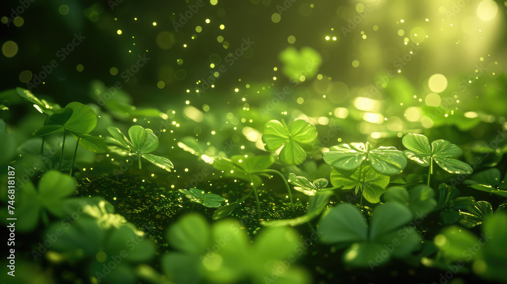 Lots of four leaf clover flowers in the forest. Copy space for text, message advertising. Template for celebration, greeting card. Concept of St. Patrick's Day