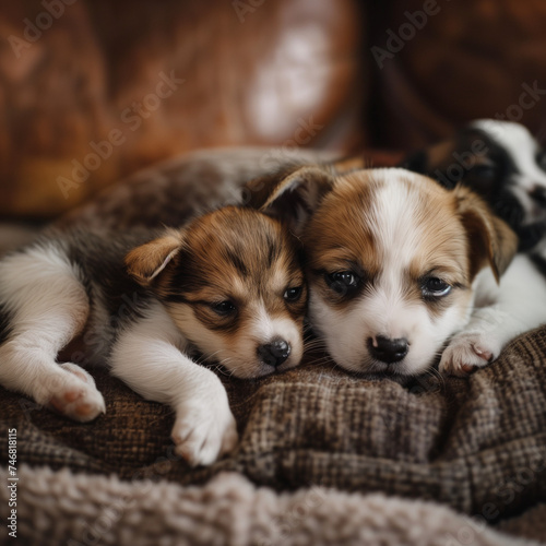 Adorable Puppies Snuggling on a Cozy Blanket