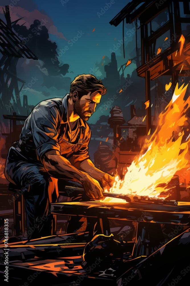 A humble blacksmith forging swords in a fiery forge