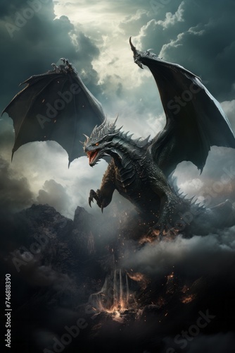 A large dragon is soaring through a cloudy sky, its wings spread wide as it glides effortlessly. The dragons scales glisten in the sunlight, casting a shadow on the billowing clouds below © Vit