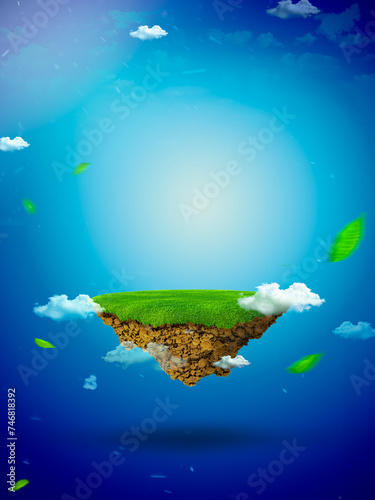3D Surreal Flying Grass Platform with Rocky Soil and Scattered Clouds on Blue Gradient Sky