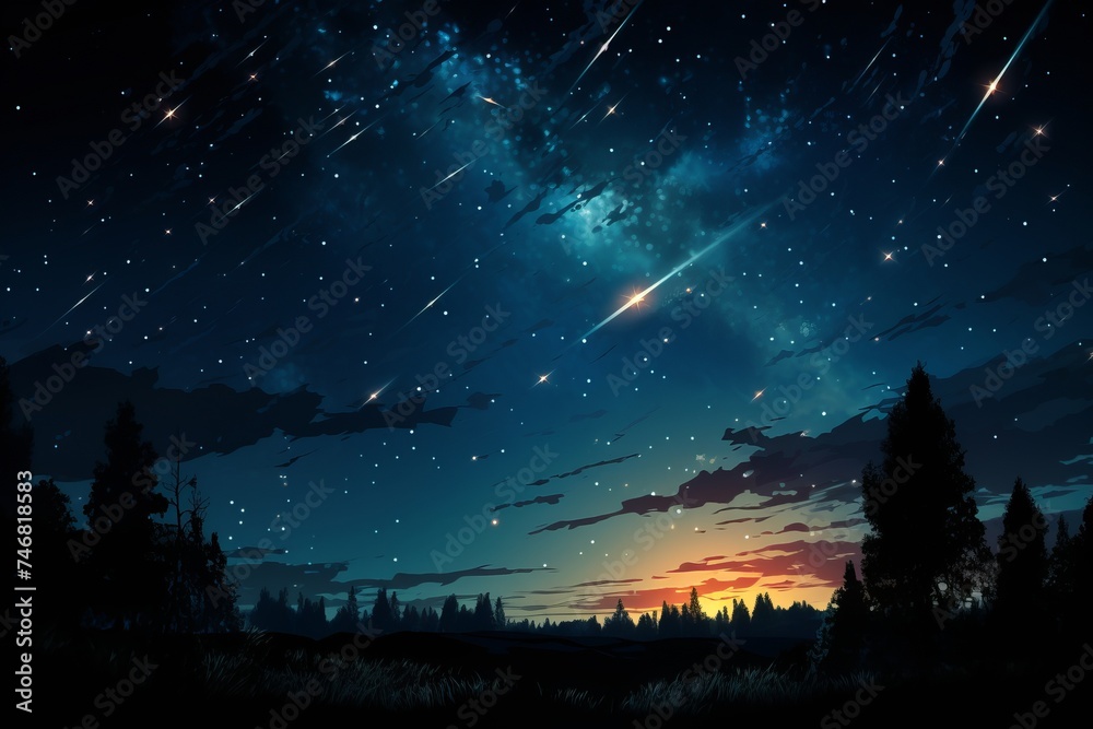 The night sky is filled with twinkling stars and a shooting star streaking across the darkness, creating a mesmerizing sight The night sky is filled with twinkling stars and a shooting star streaking across the darkness, creating a mesmerizing sight