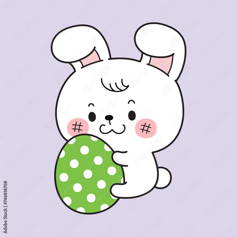 Cute Easter Bunny Hugging Eggs. Kawaii Style. Cute Easter Bunny Hugging Eggs. Kawaii Style.