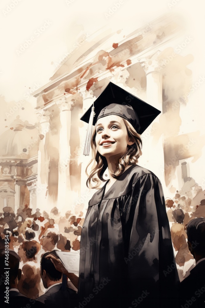 Obraz premium A woman wearing a black graduation cap and gown, standing with other graduates and proud families at the VetalVit A school graduation ceremony. She smiles, holding her diploma