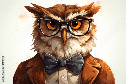 An owl with intelligent-looking glasses perched on its beak and a sophisticated bow tie around its neck. The owl exudes a scholarly and dignified appearance, embodying wisdom and knowledge photo