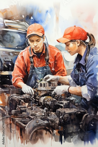Two women are seen working together on a car engine  focusing on flushing the radiator. They are actively engaged in their task  using tools and equipment to enhance the vehicles performance