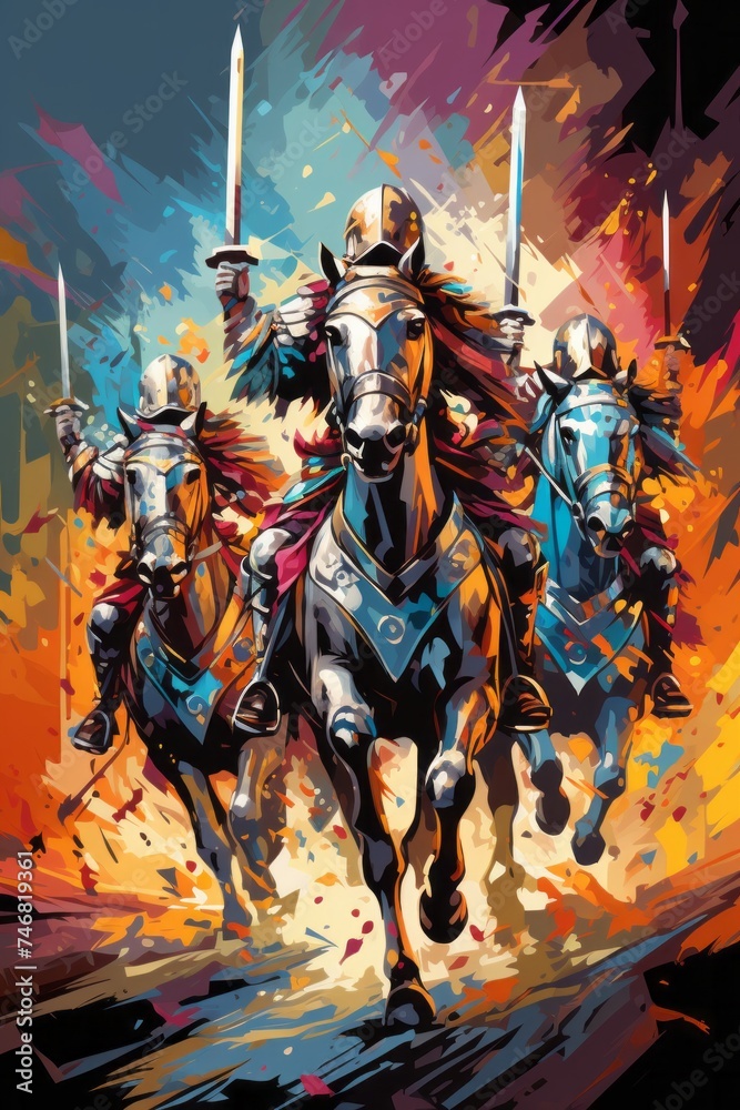 A troupe of knights jousting in a tournament