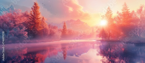 A painting depicting a tranquil lake surrounded by tall trees under a captivating sunrise. The artwork showcases the serene beauty of nature, with the morning light reflecting on the water.