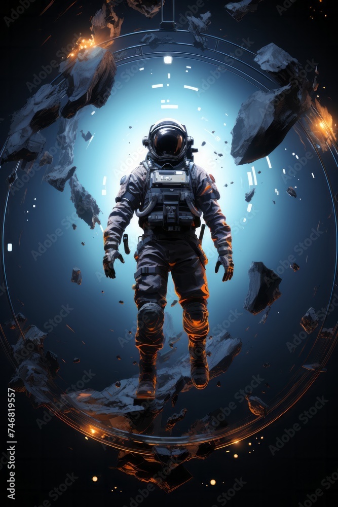 A man dressed in a space suit, standing with a firm posture, with a blue background behind him. The astronaut appears ready for an extravehicular activity in outer space A man dressed in a space suit, standing with a firm posture, with a blue background behind him. The astronaut appears ready for an extravehicular activity in outer space