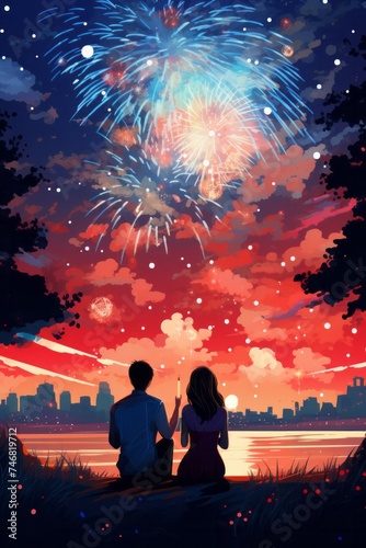 A man and woman sit together on a bench, looking up at a colorful fireworks display in the night sky. They appear engaged and focused on the mesmerizing bursts of light and sound