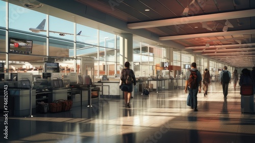 airport, check-in counters, boarding gates and luggage carts to provide context and enhance the realism of the scene. Signage, airport and airline branding
