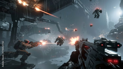 first-person shooter video games with a gun firing in high resolution