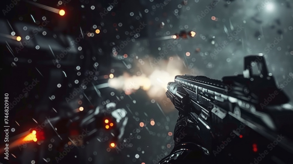 First-person shooter video games with a gun firing in high resolution ...