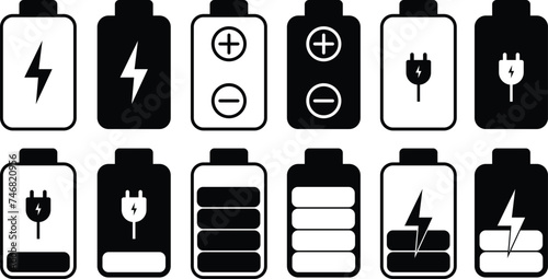 Energy sign in black. Charger cell accumulator. Mobile batteries icon set