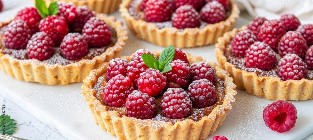 Delicious raspberry mini tart on white cutting board with vintage teaspoons, top view Delicious raspberry mini tart on white cutting board with vintage teaspoons, top view