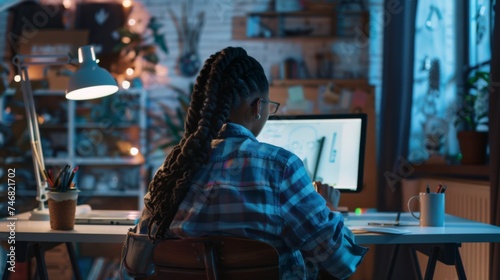 Professional woman using computer in creative home office at night
