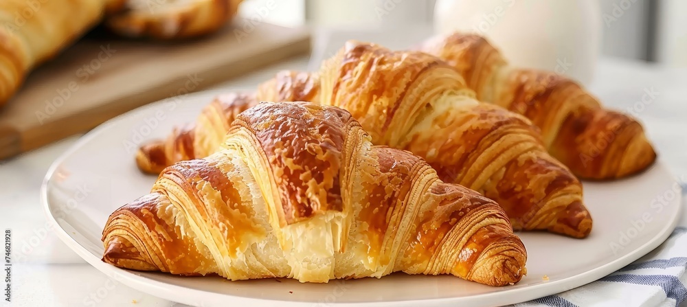 Delicious closeup view of freshly baked french croissant   tasty pastry for breakfast or snack