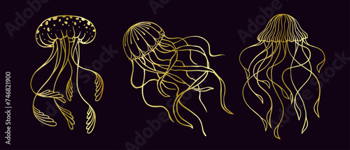 Set of decorative sea inhabitants, golden outline of jellyfish.Vector graphics.