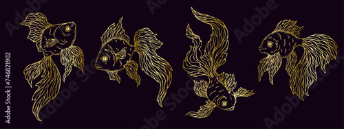 Set of decorative sea creatures, goldfish outline.Vector graphics.