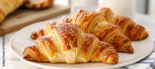 Delicious closeup view of freshly baked french croissant   tasty pastry for breakfast or snack