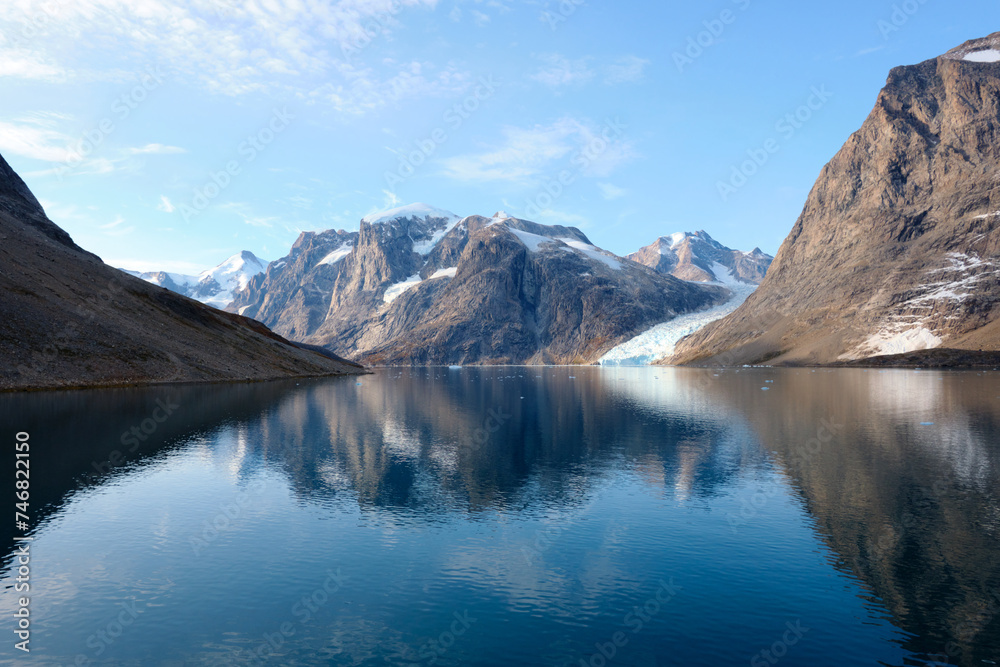 Glaciated mountains and fjord near Skoldungen, East Greenland