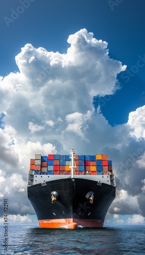 Fully loaded container ship sailing in vibrant, bright blue ocean with clear sky on horizon