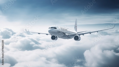 Commercial airplane flying above clouds in the blue sky.