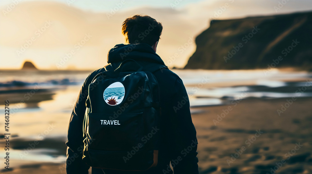 Rearview of a young man wearing a jacket and a black backpack, walking on the sand beach of the sea or ocean water at the sunset, traveling and exploring, summer adventure, tourist freedom outdoors - obrazy, fototapety, plakaty 