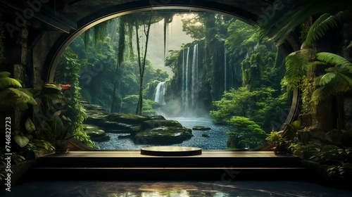 Background of an immersive landscape seen from inside a home, wallpaper format.