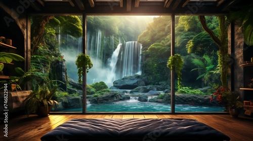 Background of an immersive landscape seen from inside a home  wallpaper format.