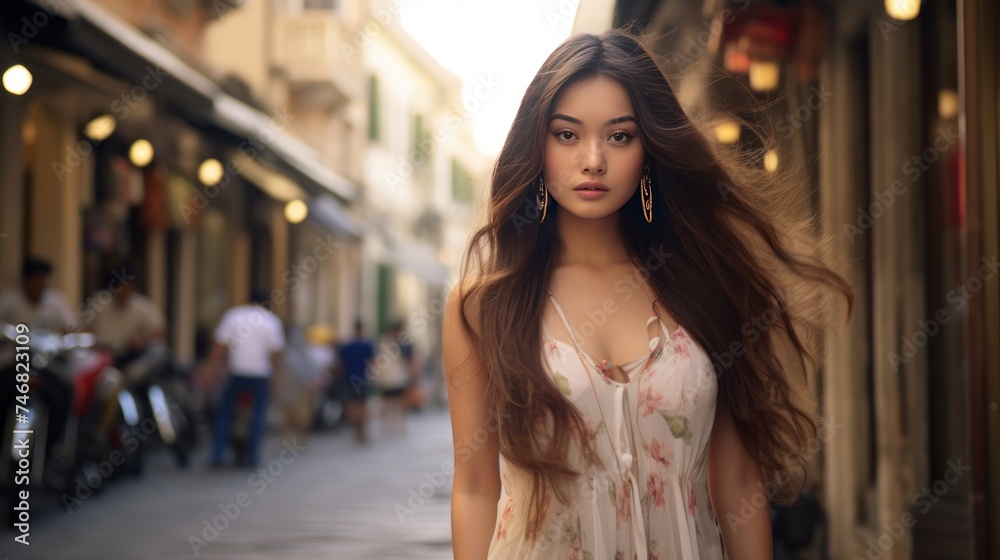 Sexy young asian woman with long hair in white lingerie walking on the street of europe. Asian woman walking through the streets of Europe. Travel concept.