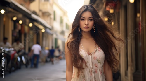 Sexy young asian woman with long hair in white lingerie walking on the street of europe. Asian woman walking through the streets of Europe. Travel concept.