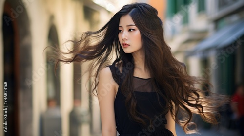 Portrait of a beautiful young asian woman in black dress with flying hair. Asian woman walking through the streets of Europe. Travel concept.