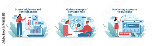 Vision Health Strategy Set. Vector illustrations on adjusting screen brightness, moderate contact lens use.
