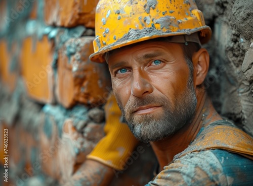 laborer fixing wall bricks construction