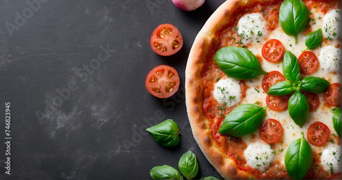 Une délicieuse pizza tomate mozzarella basilic vue de dessus sur un fond en ardoise