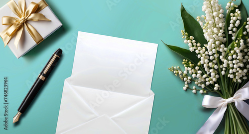 Un bouquet de muguet pour la fête du travail le 1er Mai avec une carte et une enveloppe, un stylo à plume et un cadeau blanc décoré avec un ruban doré sur un fond bleu turquoise photo