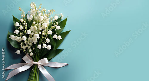 Un bouquet de muguet pour la fête du travail le 1er Mai décoré avec un ruban blanc sur un fond bleu turquoise
