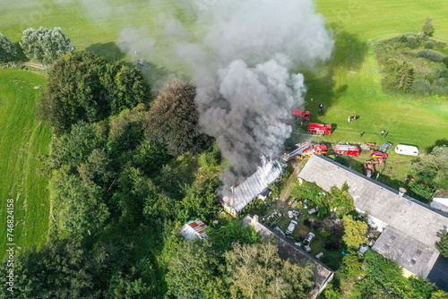Aerial view of house on fire in Denmark 