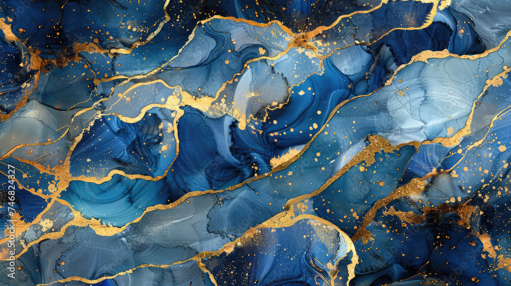 Beautiful marble background in indigo blue, gold, white. Template for invitation or creative backdrop. Acrylic paint pouring technic.