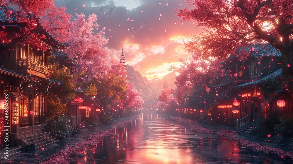 Day in a Shonen village with sakura full bloom - obrazy, fototapety, plakaty 