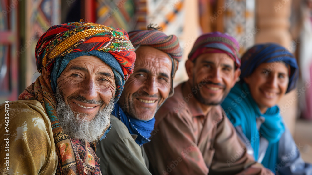 Group of Moroccan middle aged men sitting outside. Villagers in a Morocco town. - obrazy, fototapety, plakaty 