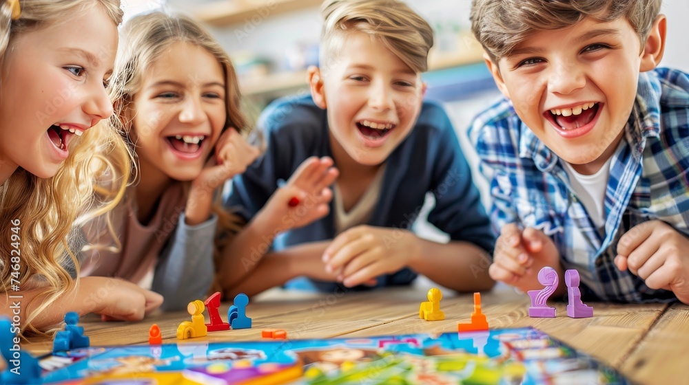 Happy kids enjoying a friendly board game together in a playful and candid moment Happy kids enjoying a friendly board game together in a playful and candid moment