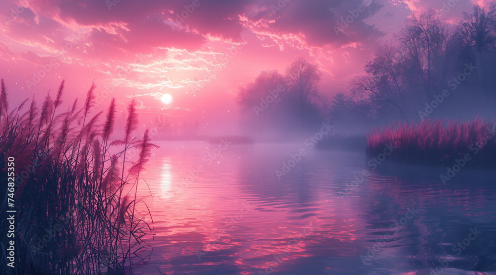 an art print of a painting of a lake and vegetation on, in the style of soft gradients, romantic illustration, light violet, 8k resolution, fictional landscapes, smokey background, light red and sky-b - obrazy, fototapety, plakaty 