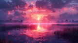 an art print of a painting of a lake and vegetation on, in the style of soft gradients, romantic illustration, light violet, 8k resolution, fictional landscapes, smokey background, light red and sky-b