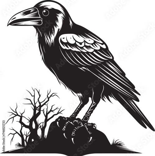 Enigmatic Raven on Skull Vector Logo Conceptualization Raven Resting on Skull Symbol Vector Graphic Expression
